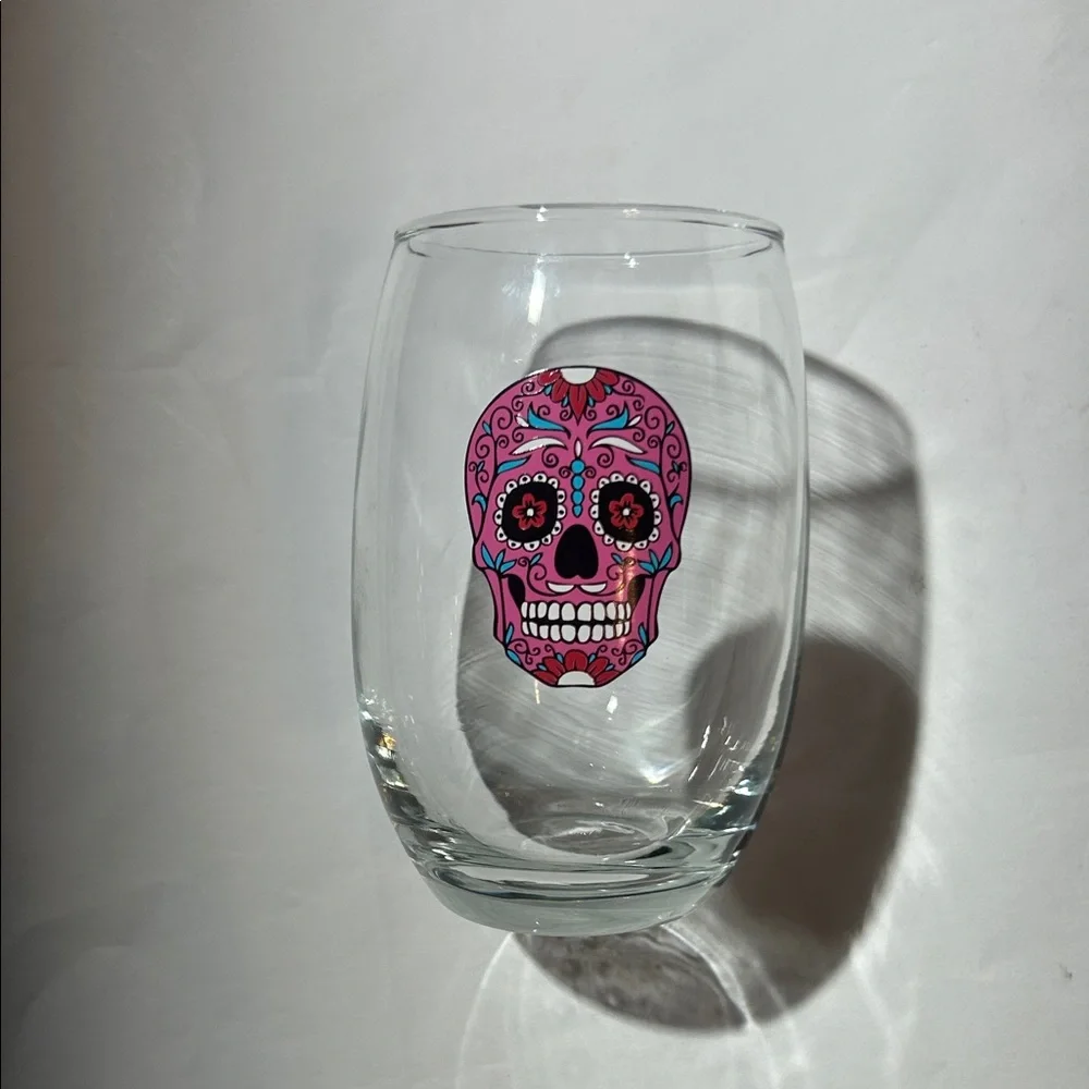 Sugar Skull Stemless Wine Glass - Pink & Teal Skull - Picture 4 of 4